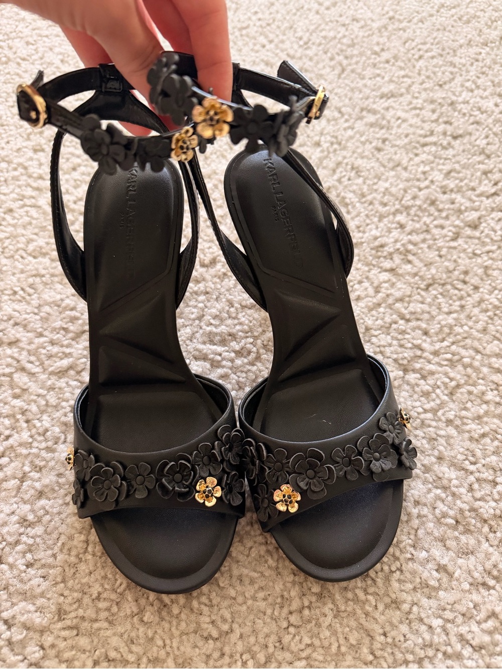 Karl Lagerfeld Black Floral Ankle-Strap Heels with Gold Accents